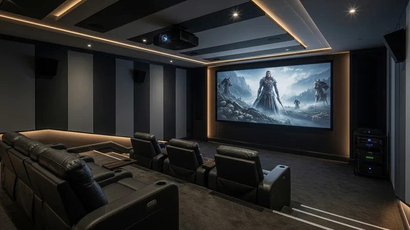 Installation home cinéma avec vidéoprojecteur et écran 120 pouces